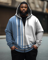 Men's Plus Size Casual Blue Stripe Graphic Zip Hoodie